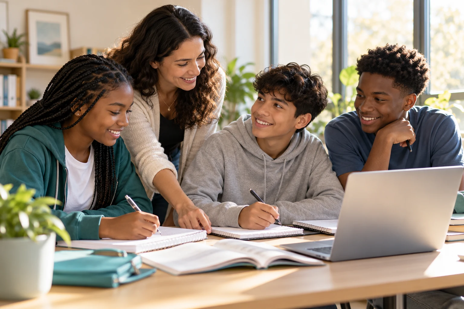 Three teenage students learning together with a supportive tutor